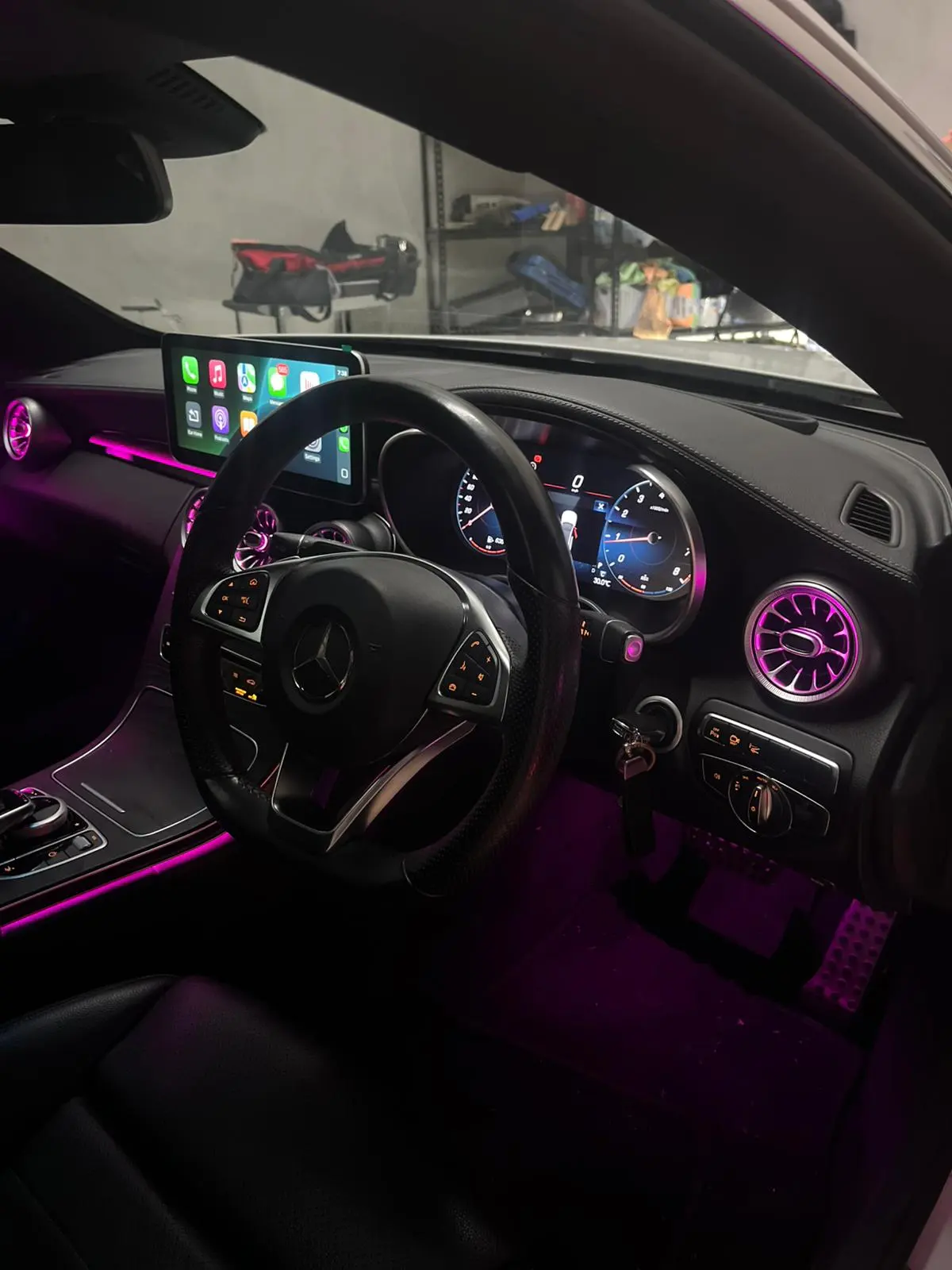 Mercedes interior and steering wheel detail